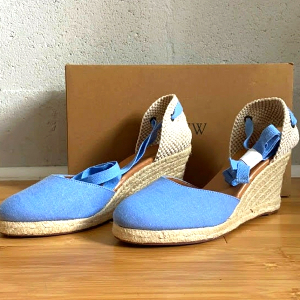 NWT J. Crew Chambray Anke-Wrap Espadrille Wedge 8.5